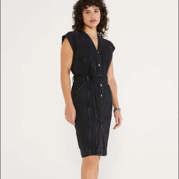 ETICA Issa Seamed Button-Front Denim Dress black denim v-neck midi - Picture 4 of 7